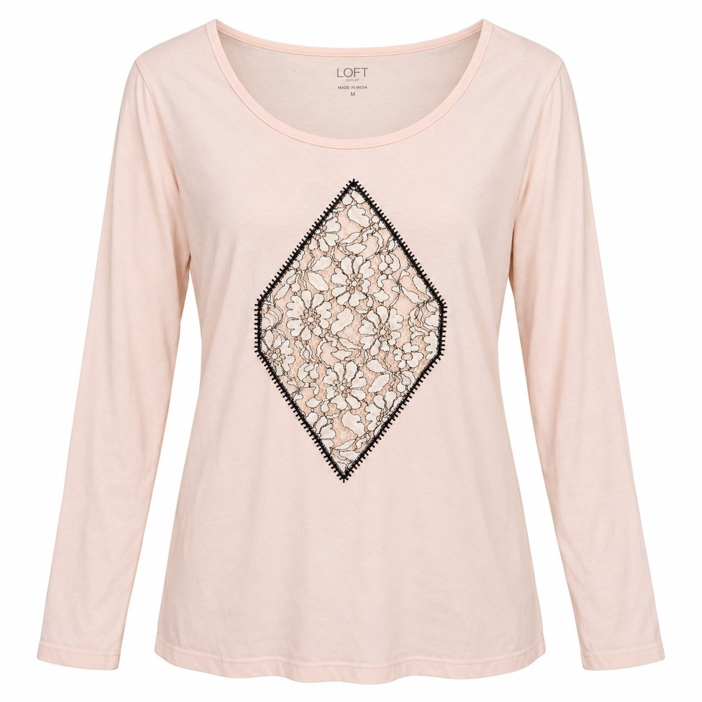 Loft Outlet Long Sleeve Top Womens M Peach Excellent Floral Lace Diamond Scoop